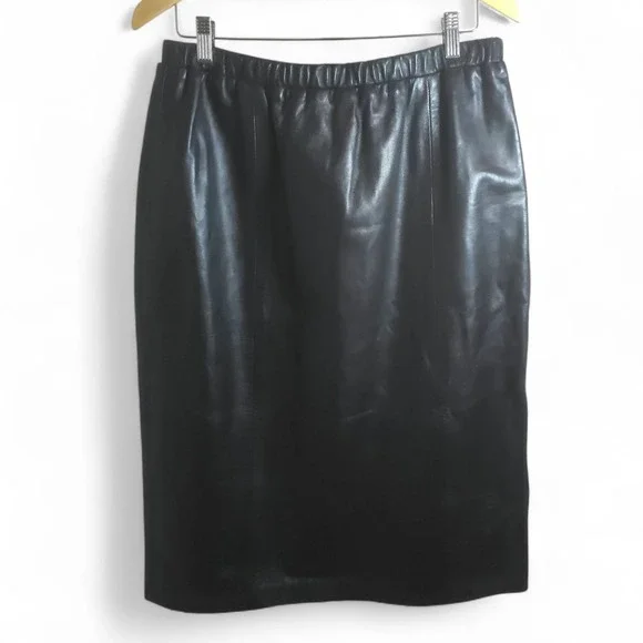 Bettina Vintage Black Genuine Leather Midi Skirt Elastic Waist Womens M US 8